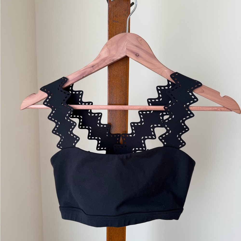Spiritual Gangster Black Laser-Cut Scalloped Strap Crop Top